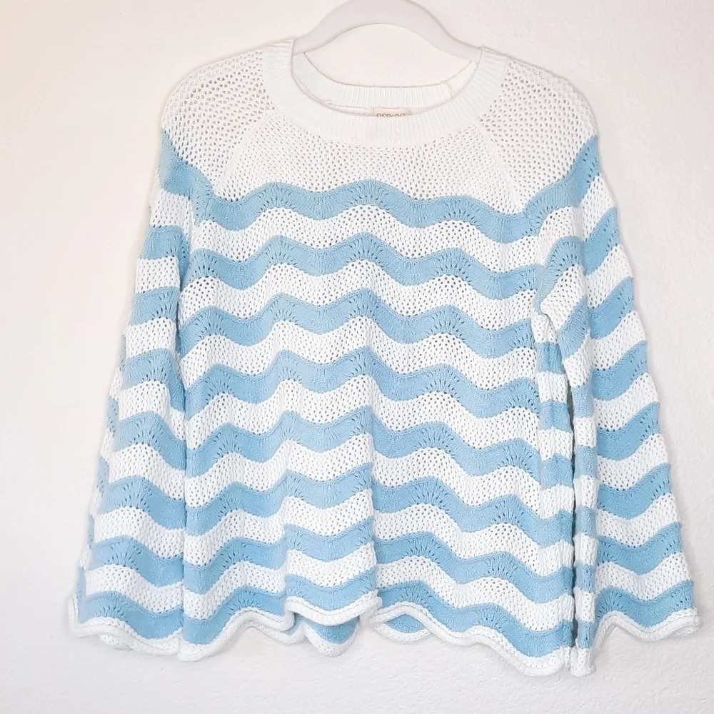 Greige Blue & White Lose Knit Granny Sweater S